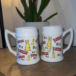 Vintage White Ceramic Pilsner Beer Mugs - Set of 2